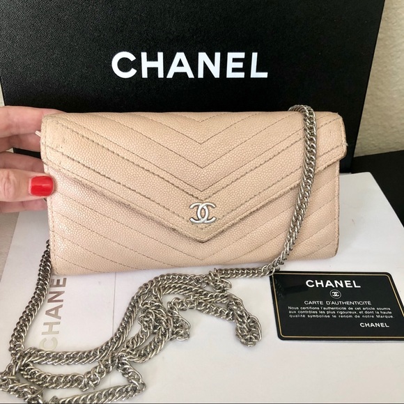 CHANEL Handbags - CHANEL Nude Caviar Chevron CC Wallet On Chain Auth